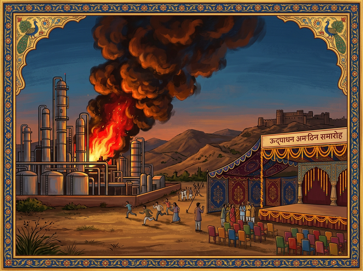 Industrial plant on fire with people running away near an inauguration stage